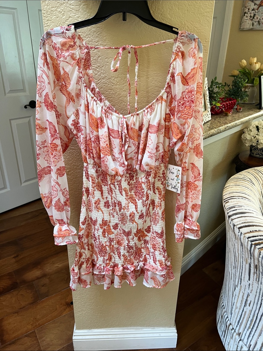 Lost + Wander White and Coral Floral Smocked Peasant dress